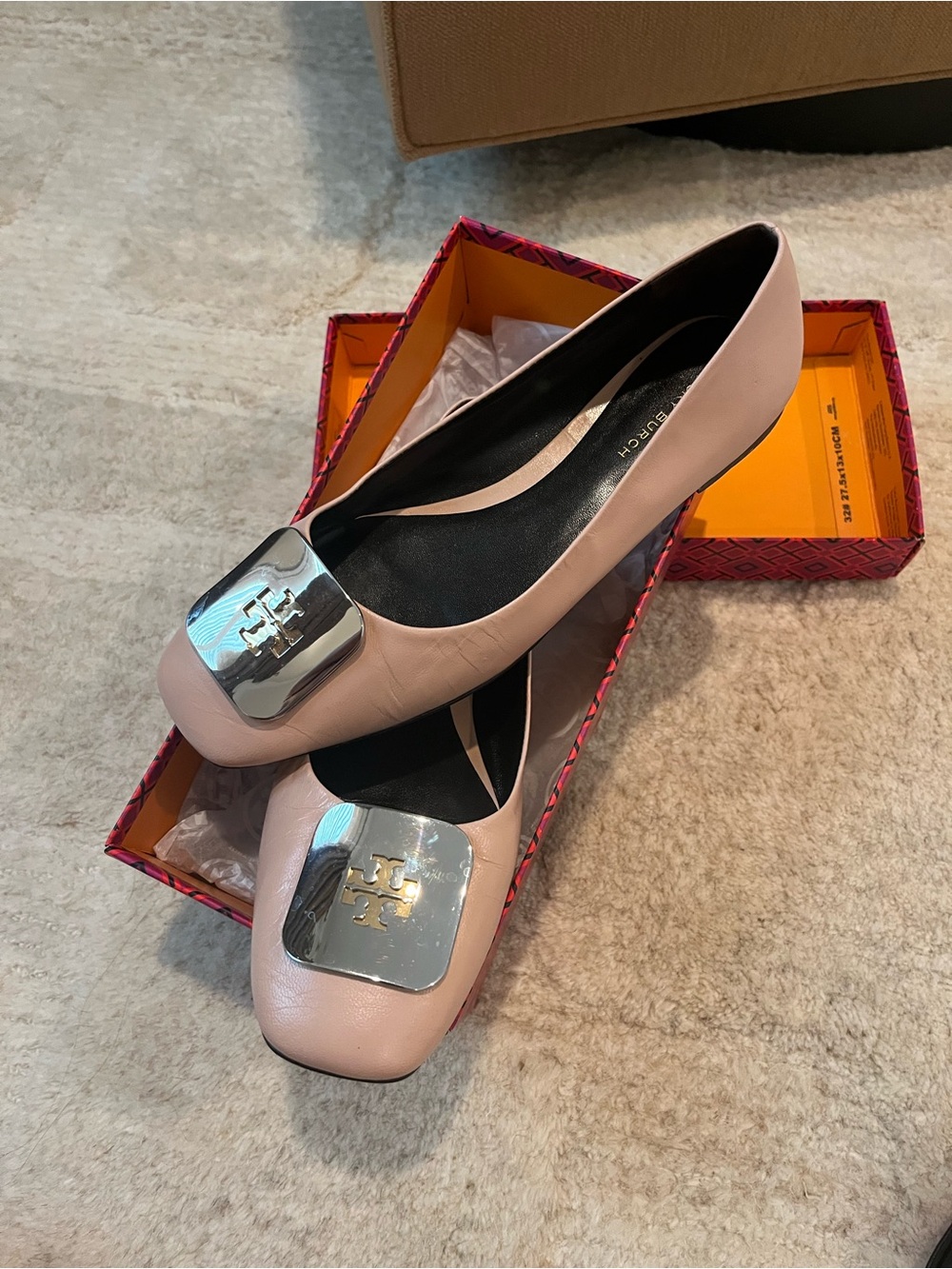 Tory Burch Blush Pink Leather Logo-Plate Ballet Flats